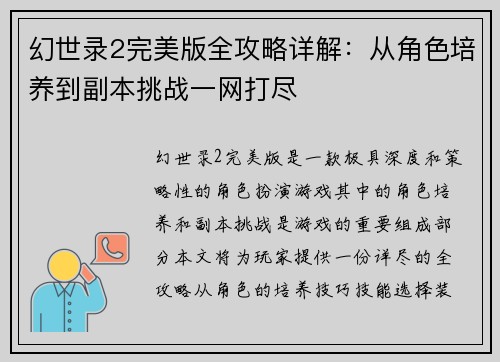 幻世录2完美版全攻略详解：从角色培养到副本挑战一网打尽